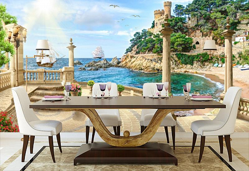 Парусники в море в интерьере кухни с большим столом