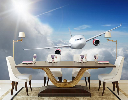Белый самолет над облаками в интерьере кухни с большим столом