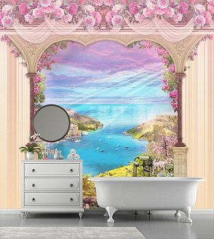 Арка в розовых цветах над морем в интерьере ванной