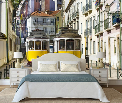 Желтые трамвайчики в интерьере спальни