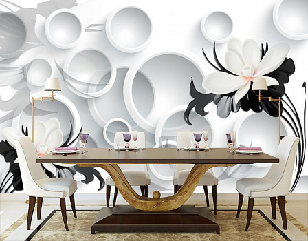 Белые лепестки на фоне 3D кругов в интерьере кухни с большим столом