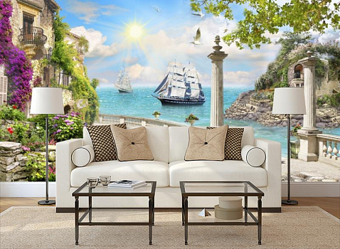 Белые парусники у берега в интерьере гостиной с диваном