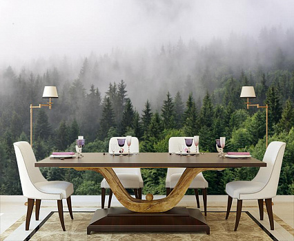 Еловый лес в интерьере кухни с большим столом