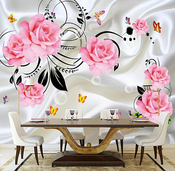 Розы с бабочками на белом шелке в интерьере кухни с большим столом