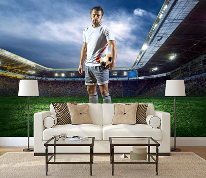 Футболист на зеленом поле в интерьере гостиной с диваном