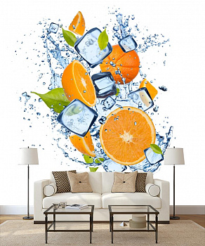 Апельсины и лед в интерьере гостиной с диваном