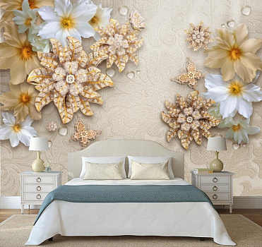 Белые и золотые цветы  в интерьере спальни