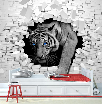 Тигр проходящий сквозь белую стену в интерьере детской комнаты мальчика