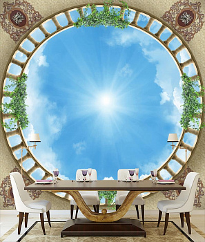 Круглое окно в небо в интерьере кухни с большим столом