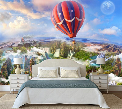 Воздушный шар над водопадами в интерьере спальни