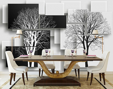 Деревья на черном и белом фоне в интерьере кухни с большим столом