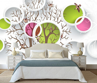 Дерево в разноцветных кругах в интерьере спальни
