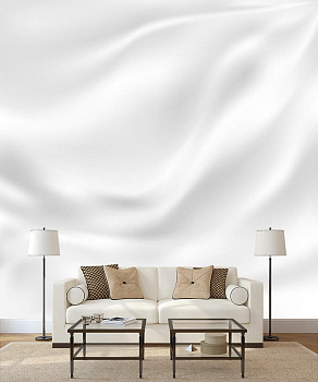 Белый шелк в интерьере гостиной с диваном