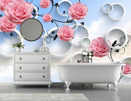 Розовые розы с белыми кругами в интерьере ванной