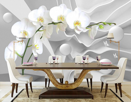 Белая орхидея с шарами в интерьере кухни с большим столом