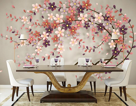 Цветущее дерево в интерьере кухни с большим столом