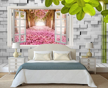 Окно в цветущий сад  в интерьере спальни