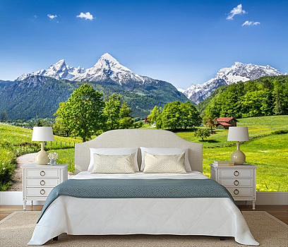 Снежные вершины летом в интерьере спальни