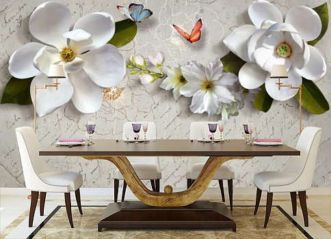 Белые цветы с бабочками в интерьере кухни с большим столом