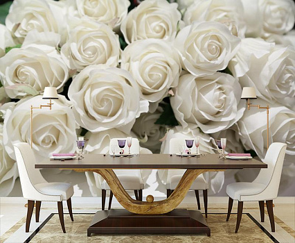 Белоснежные розы в интерьере кухни с большим столом