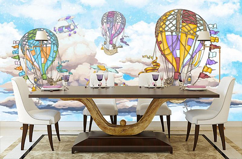 Воздушные шары в облаках в интерьере кухни с большим столом