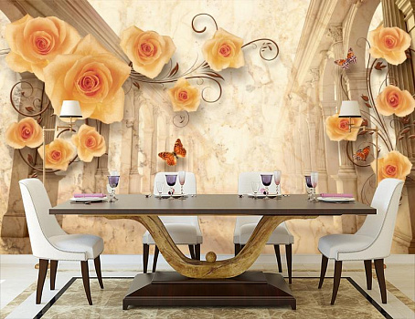 Чайные розы на арках в интерьере кухни с большим столом