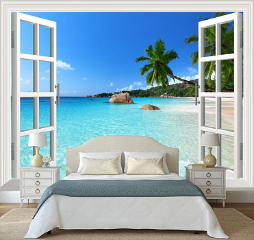 Окно на тропическое побережье в интерьере спальни