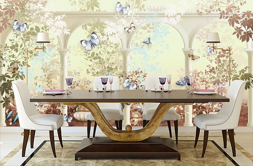 Бабочки под арками в интерьере кухни с большим столом