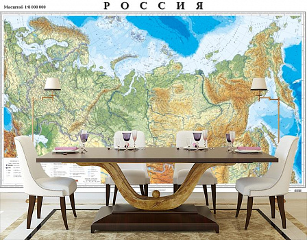 Карта России в интерьере кухни с большим столом