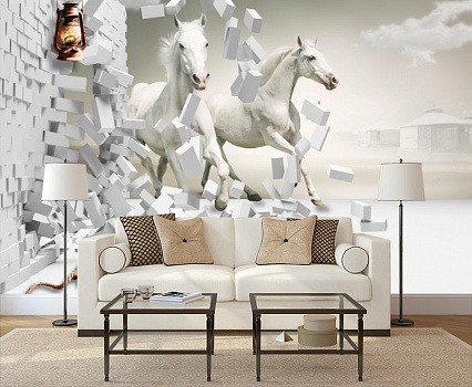 Белые лошади на фоне юрт в интерьере гостиной с диваном