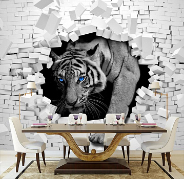 Тигр проходящий сквозь белую стену в интерьере кухни с большим столом