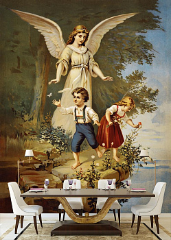 Ангел и дети в интерьере кухни с большим столом