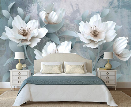 Белые цветы на сером в интерьере спальни