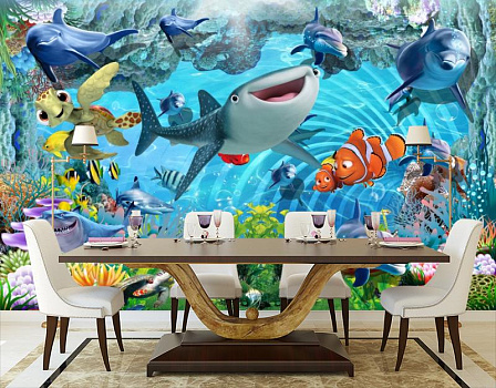 Подводный мир мультфильмов в интерьере кухни с большим столом