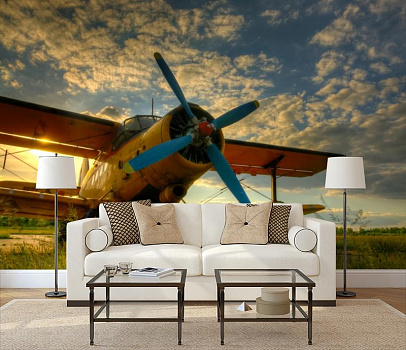 Самолет под голубым небом  в интерьере гостиной с диваном