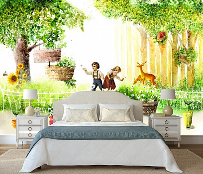 Мальчик с девочкой и оленями в интерьере спальни