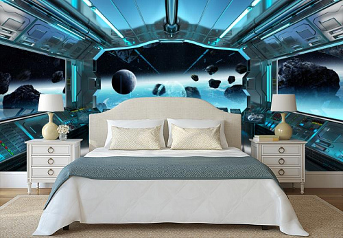 Космический корабль в космосе в интерьере спальни