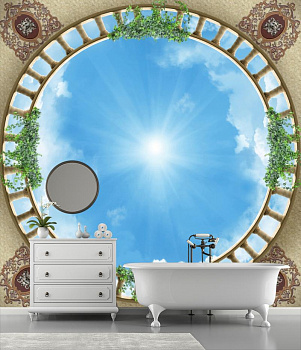 Круглое окно в небо в интерьере ванной