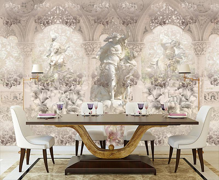 Скульптуры в белых лилиях в интерьере кухни с большим столом