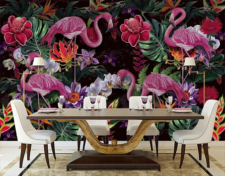 Фламинго в цветочном оазисе в интерьере кухни с большим столом