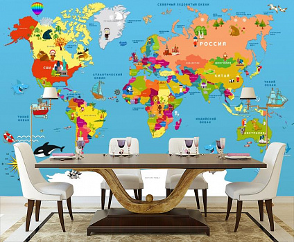 Карта мира по странам в интерьере кухни с большим столом