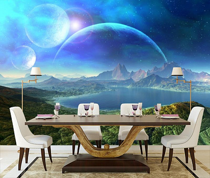 Неизученная планета в интерьере кухни с большим столом