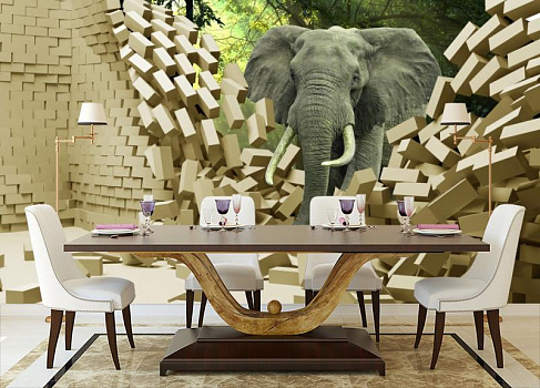 Слон сломал стену из белого кирпича в интерьере кухни с большим столом