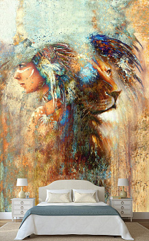 Девушка со львом в интерьере спальни
