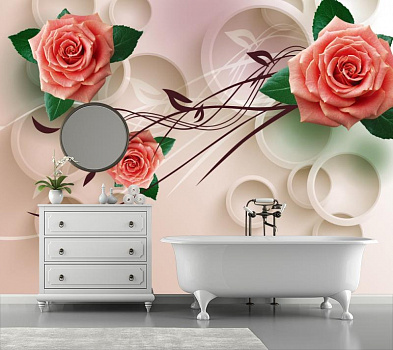 Белые круги с красными розами в интерьере ванной
