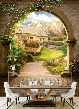 Французская деревня в интерьере кухни с большим столом