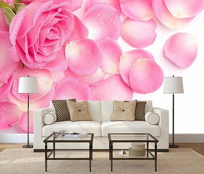 Нежные лепестки роз в интерьере гостиной с диваном
