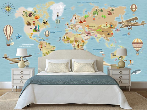 Карта мира в спокойных тонах в интерьере спальни