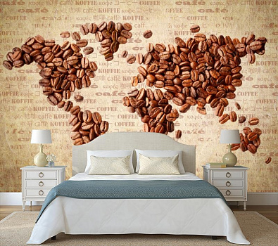 Кофейная карта мира в интерьере спальни