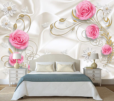 Розовые розы на белом шелке в интерьере спальни